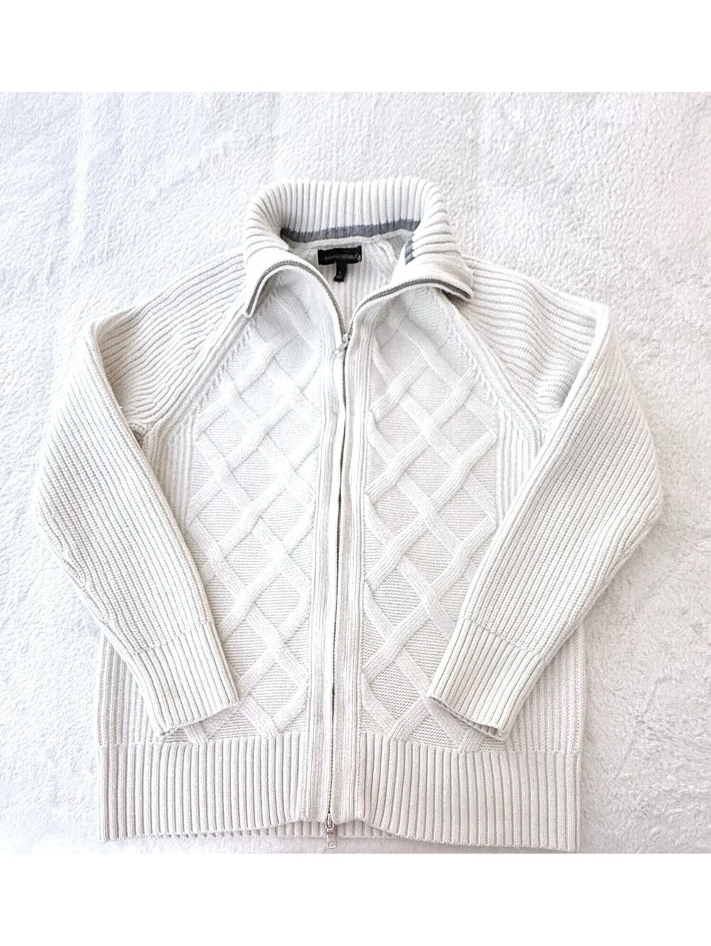 Banana Republic Mens L Merino Wool Blend Cable Knit Full Zip Sweater Ivory